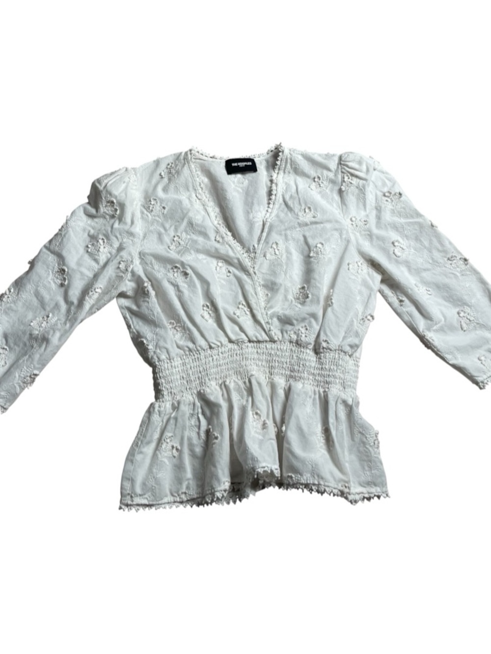 The Kooples Paris White Embroidered Floral Smocked Peplum Blouse